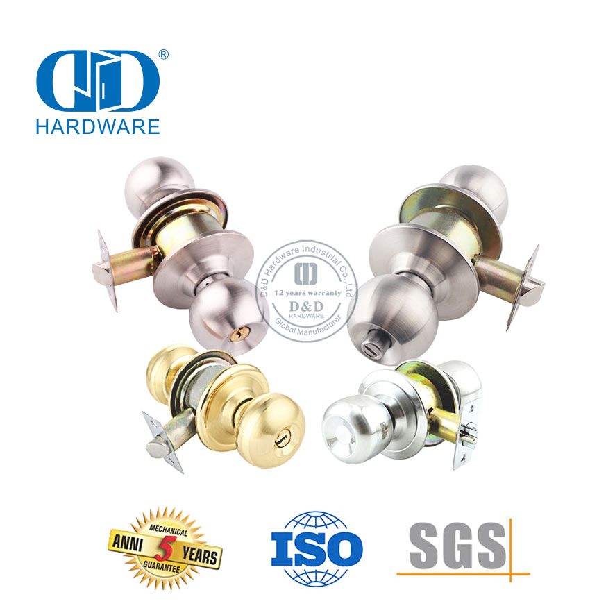 Tubular Round Ball Door Knob Cylindrical Key Lock Set with Button